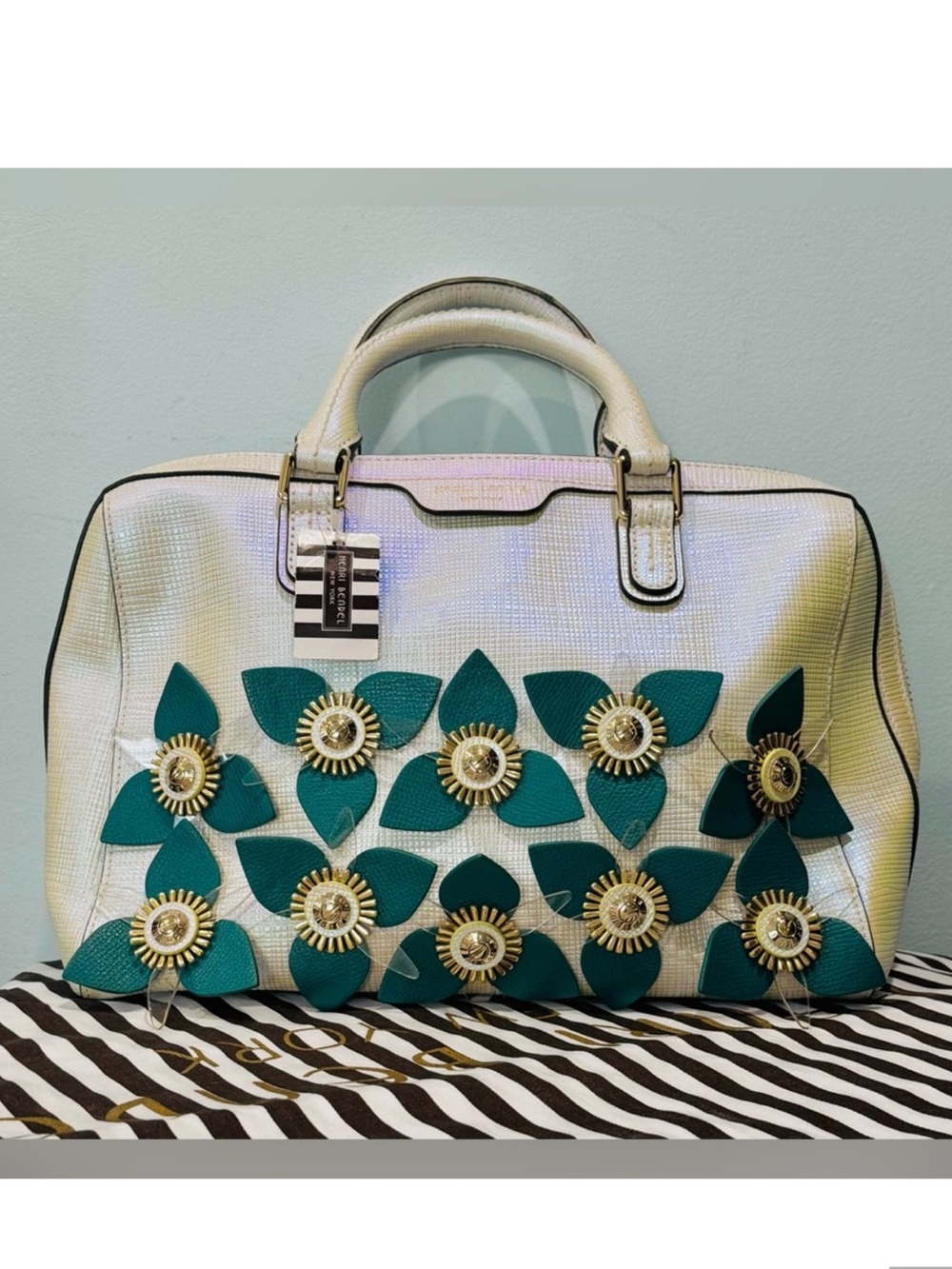 henri bendel West 57th Satchel Iridescent with Green Flowers NWT